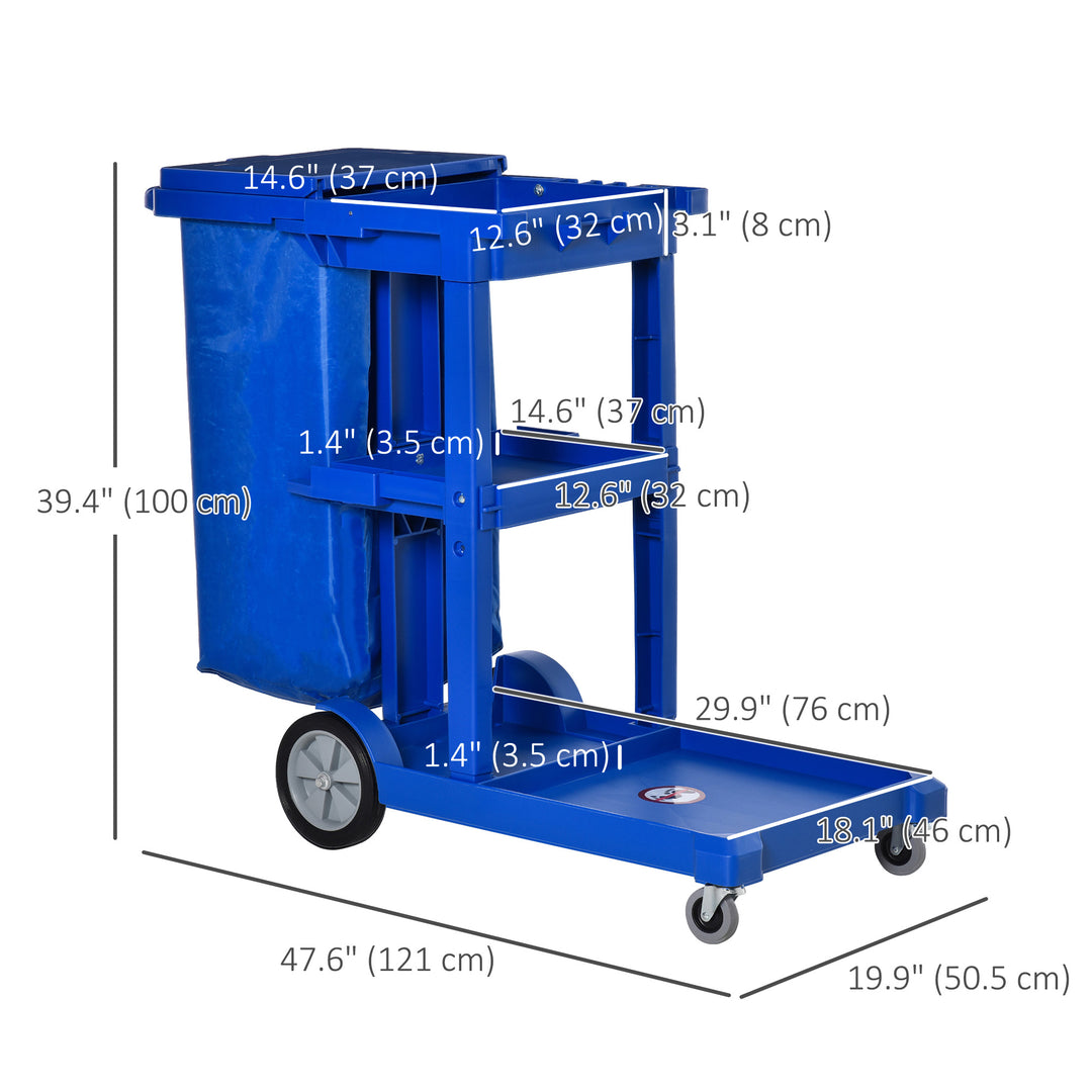HOMCOM Commercial Janitorial Cart with 3 Tier Shelves Professional Cleaning Trolley with Rubbish Bag with Lid and Mop Mount for Hotel, Restaurant, Office,  47.75"x20"x39.25", Blue