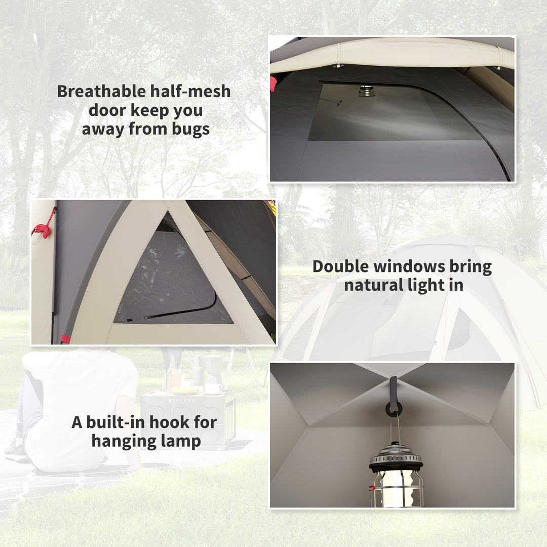 Outsunny 3 Person Camping Tent, Waterproof Family Dome Tent with Bedroom, Porch, Sewn-in Groundsheet and Hook, Khaki