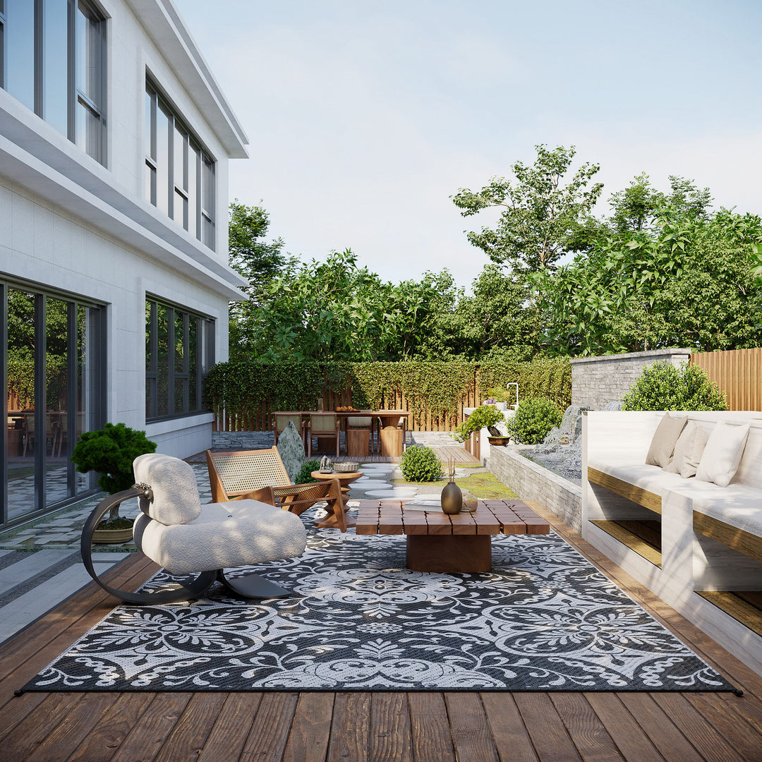 Outsunny Portable Outdoor Rug with Carry Bag, 9' x 18' Reversible Mat, Waterproof Plastic Straw RV Rug for Backyard, Deck, Picnic, Beach, Camping, Gray & White Flower