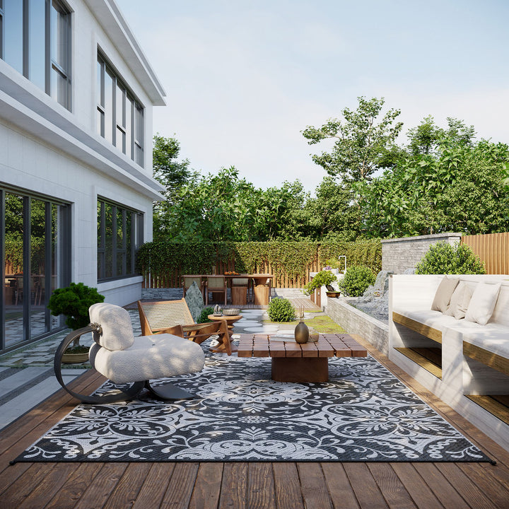 Outsunny Portable Outdoor Rug with Carry Bag, 9' x 18' Reversible Mat, Waterproof Plastic Straw RV Rug for Backyard, Deck, Picnic, Beach, Camping, Gray & White Flower