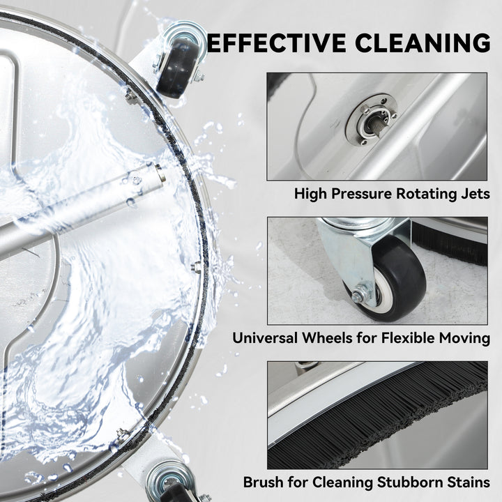 Outsunny 16" Pressure Washer Surface Cleaner with 4 Wheels, Stainless Steel Power Washer Surface Cleaner with 1/4" Quick Connector, 2 Extension Wands, 3600 PSI, Silver