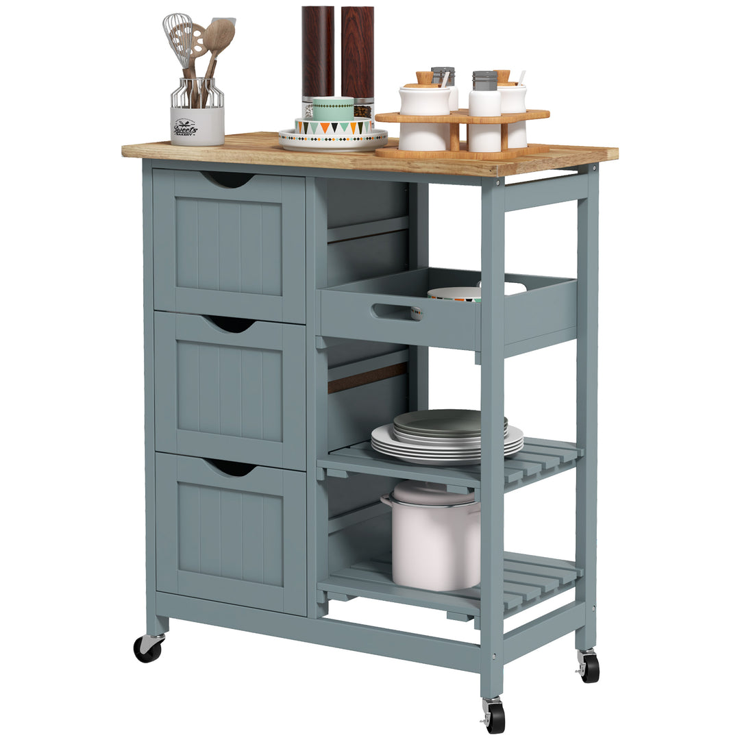 HOMCOM Kitchen Cart on Wheels, Rolling Kitchen Island Cart with Wood Top, 3 Drawers and Shelves for Home Dining Area