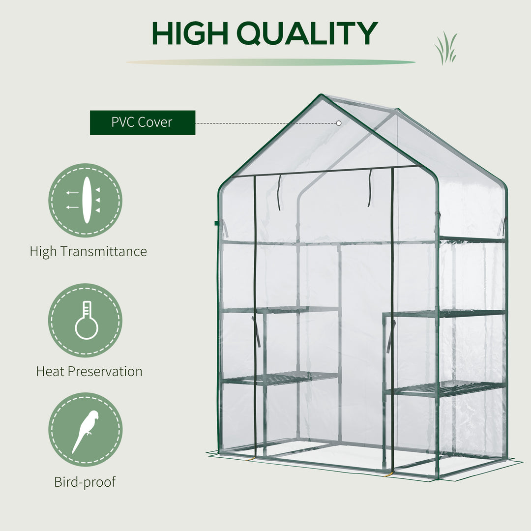Outsunny 56" x 29" x 77" Walk-in Greenhouse, Mini Greenhouse with 4 Shelves, Roll-Up Door and Weatherized Cover, Clear