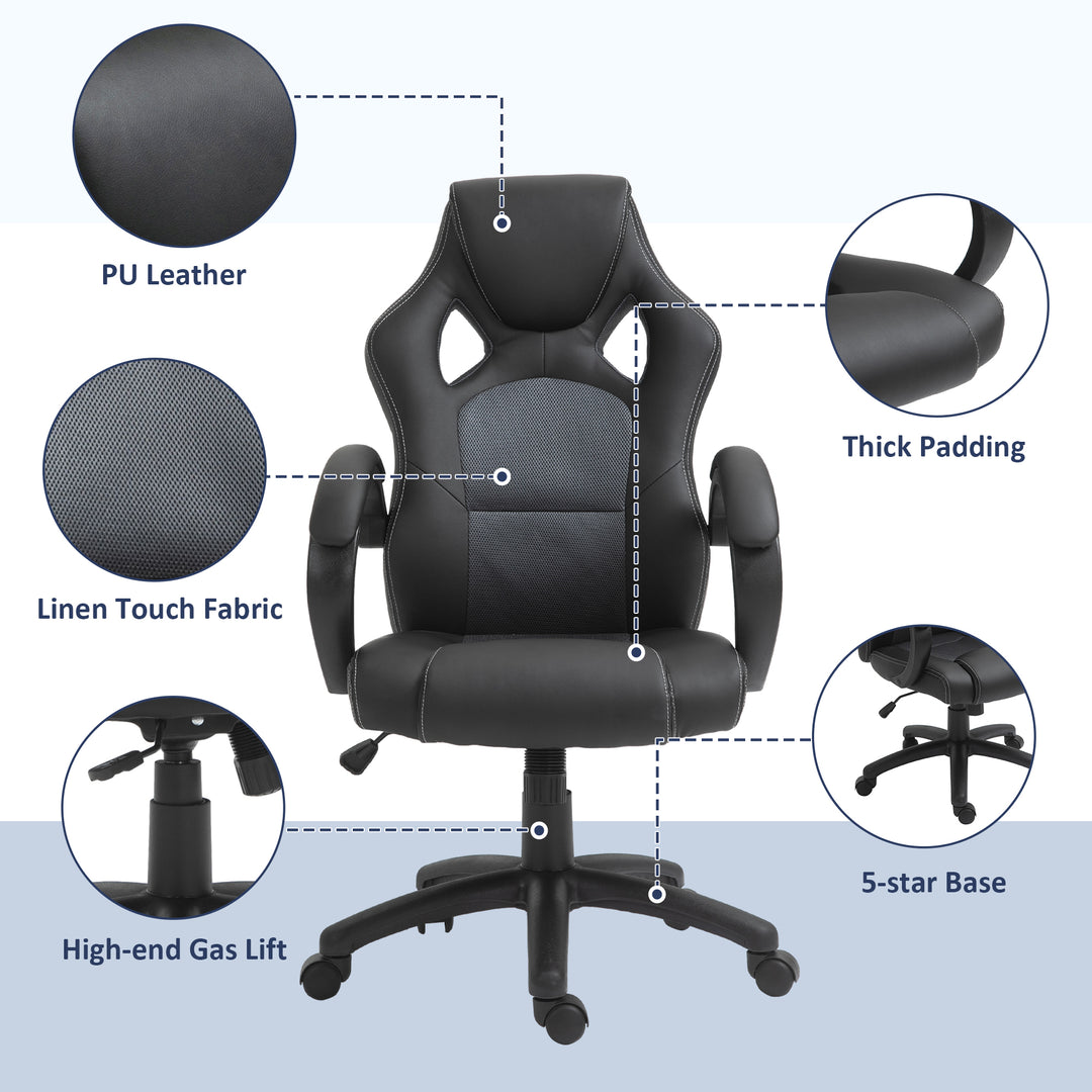 HOMCOM Racing Gaming Chair Office Chair Computer Desk Gamer Chair with Swivel Wheels, Padded Headrest, Tilt Function, Grey