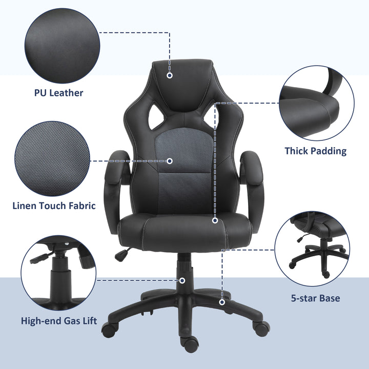HOMCOM Racing Gaming Chair Office Chair Computer Desk Gamer Chair with Swivel Wheels, Padded Headrest, Tilt Function, Grey