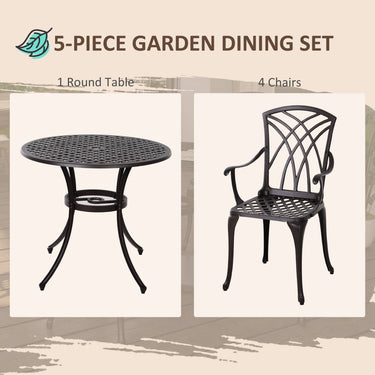 Outsunny 5 Pieces Outdoor Dining Set, Cast Aluminium Patio Table and Chairs with Parasol Hole, Patio Dining Set for 4, Brown