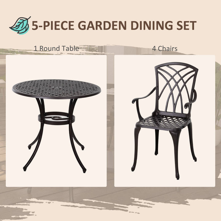 Outsunny 5 Pieces Outdoor Dining Set, Cast Aluminium Patio Table and Chairs with Parasol Hole, Patio Dining Set for 4, Brown