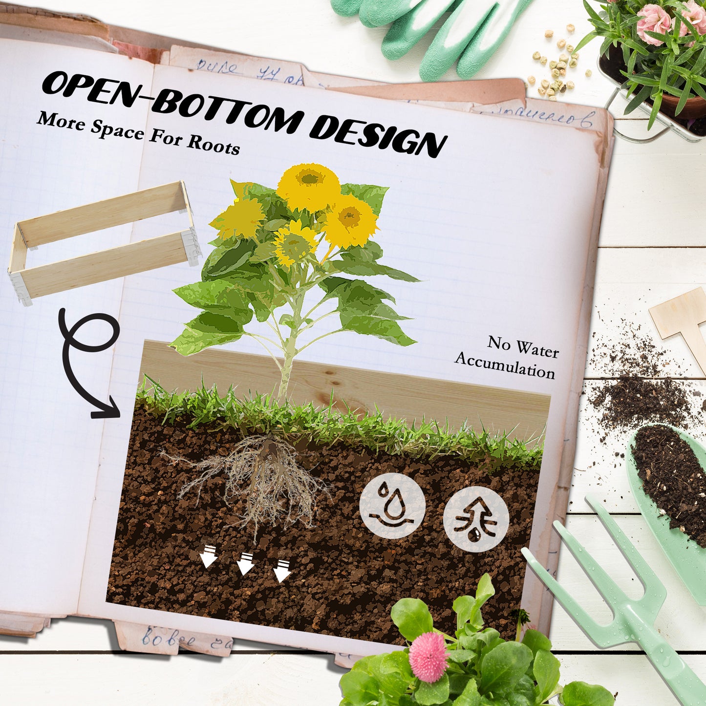 Outsunny Raised Garden Bed, Foldable Two-Box Wooden Planters for Outdoor Vegetables, Flowers, Herbs, Plants, Easy Assembly