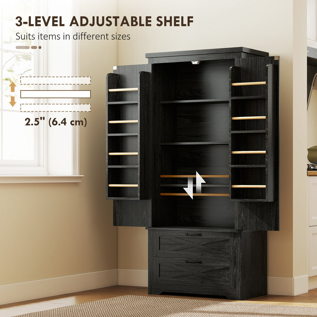 HOMCOM Farmhouse Kitchen Pantry Storage Cabinet, 64" Freestanding Kitchen Pantry Cabinet with Drawers, Distressed White