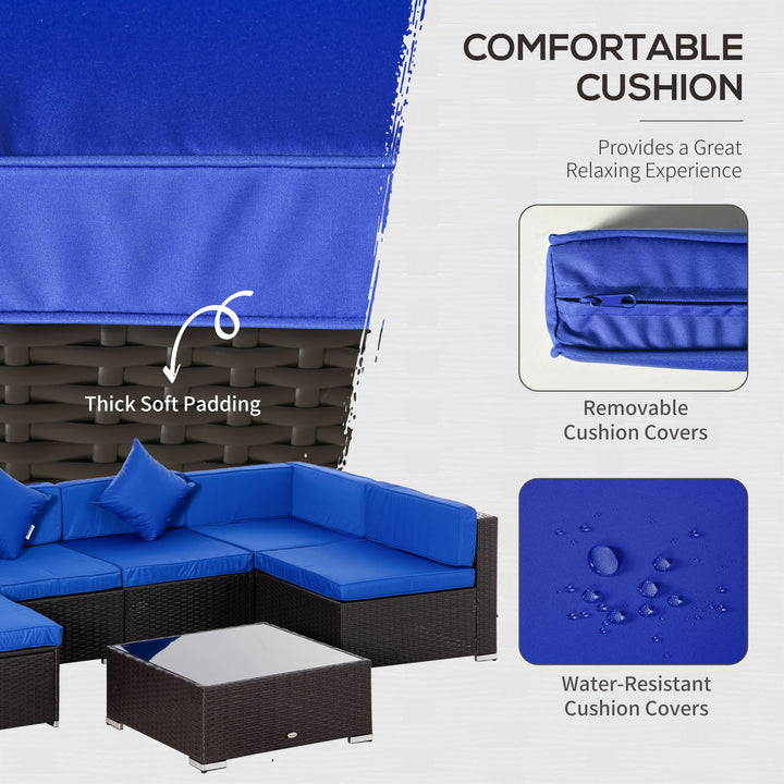 Outsunny 7 Pieces Outdoor Rattan Furniture Set, Patio Wicker Sectional Conversation Sofa Set, Blue