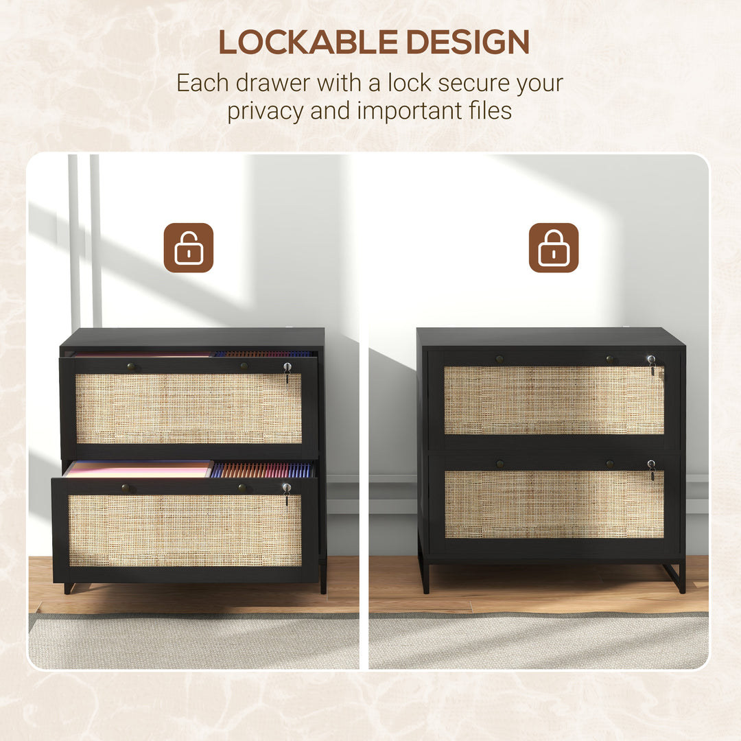 Vinsetto 2-Drawer Filing Cabinet with Lock, Rattan File Cabinet with Adjustable Hanging Bar, Natural