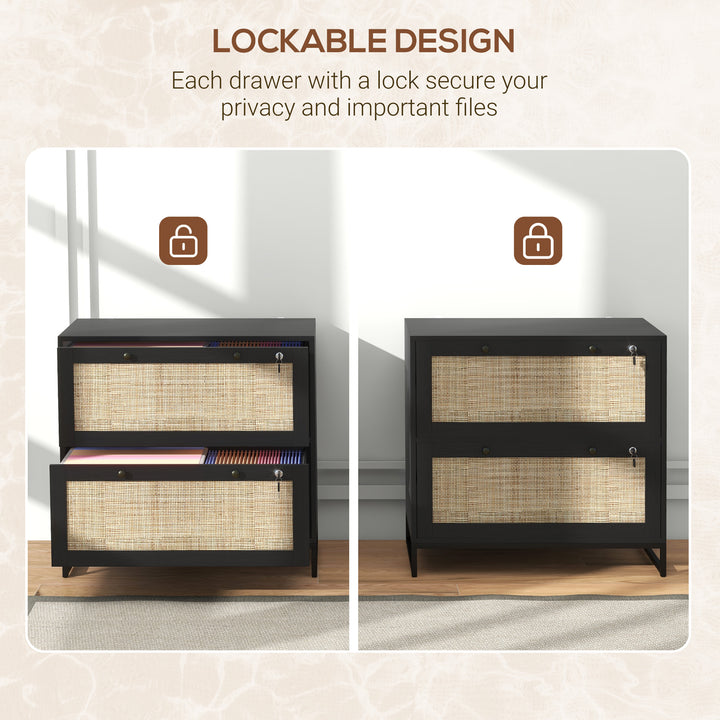 Vinsetto 2-Drawer Filing Cabinet with Lock, Rattan File Cabinet with Adjustable Hanging Bar, Natural