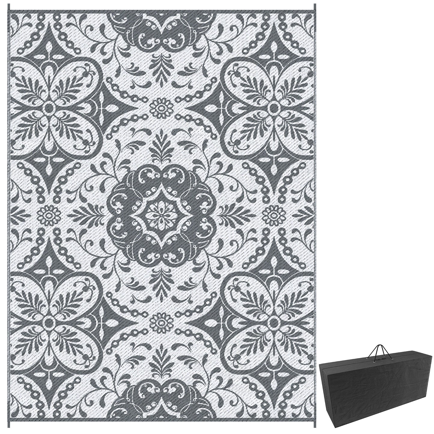 Outsunny Portable Outdoor Rug with Carry Bag, 9' x 12' Reversible Mat, Waterproof Plastic Straw RV Rug for Backyard, Deck, Picnic, Beach, Camping, Blue & White Flower
