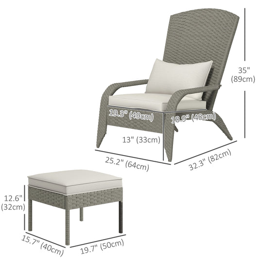 Outsunny Wicker Adirondack Chair with Ottoman, Patio Cushioned Muskoka Chair, Outdoor Fire Pit Chair with High-back and Armrests, for Deck, Garden, Backyard, Grey/Cream White