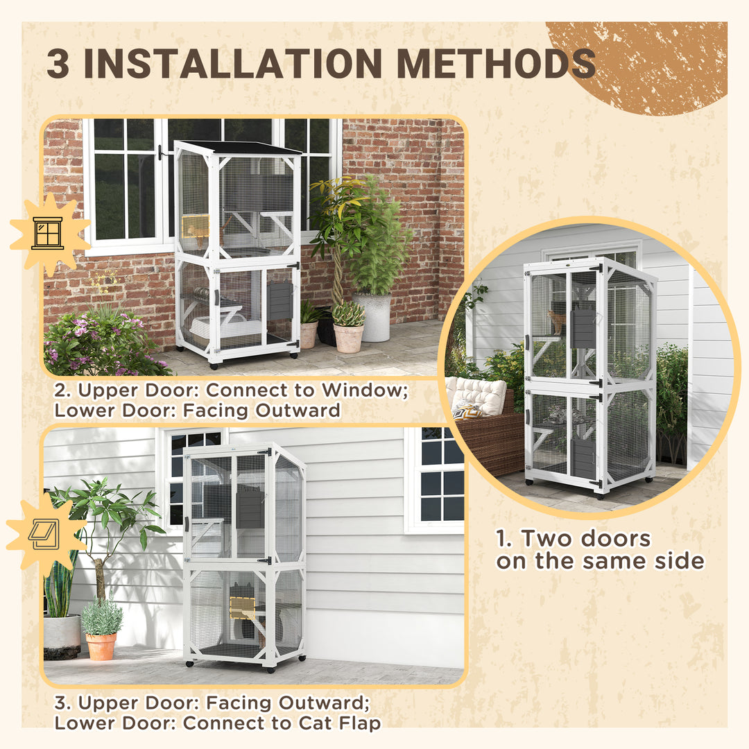 PawHut Catio Outdoor, Elevated Design, with Wheels, Resting Box, Water-Resistant, Multi Platforms, White & Grey