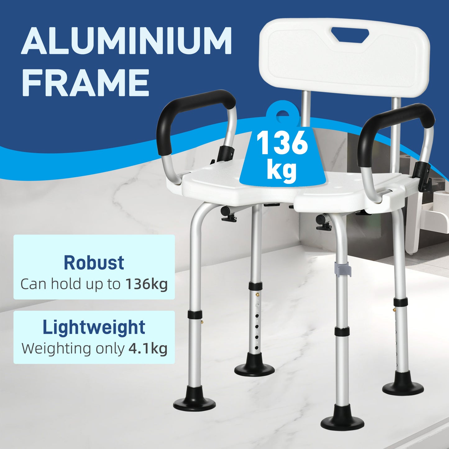 HOMCOM Bath Chair with Back, Adjustable Height Non-slip Shower Stool Bench Tool-Free Assembly Bathroom Aids, White