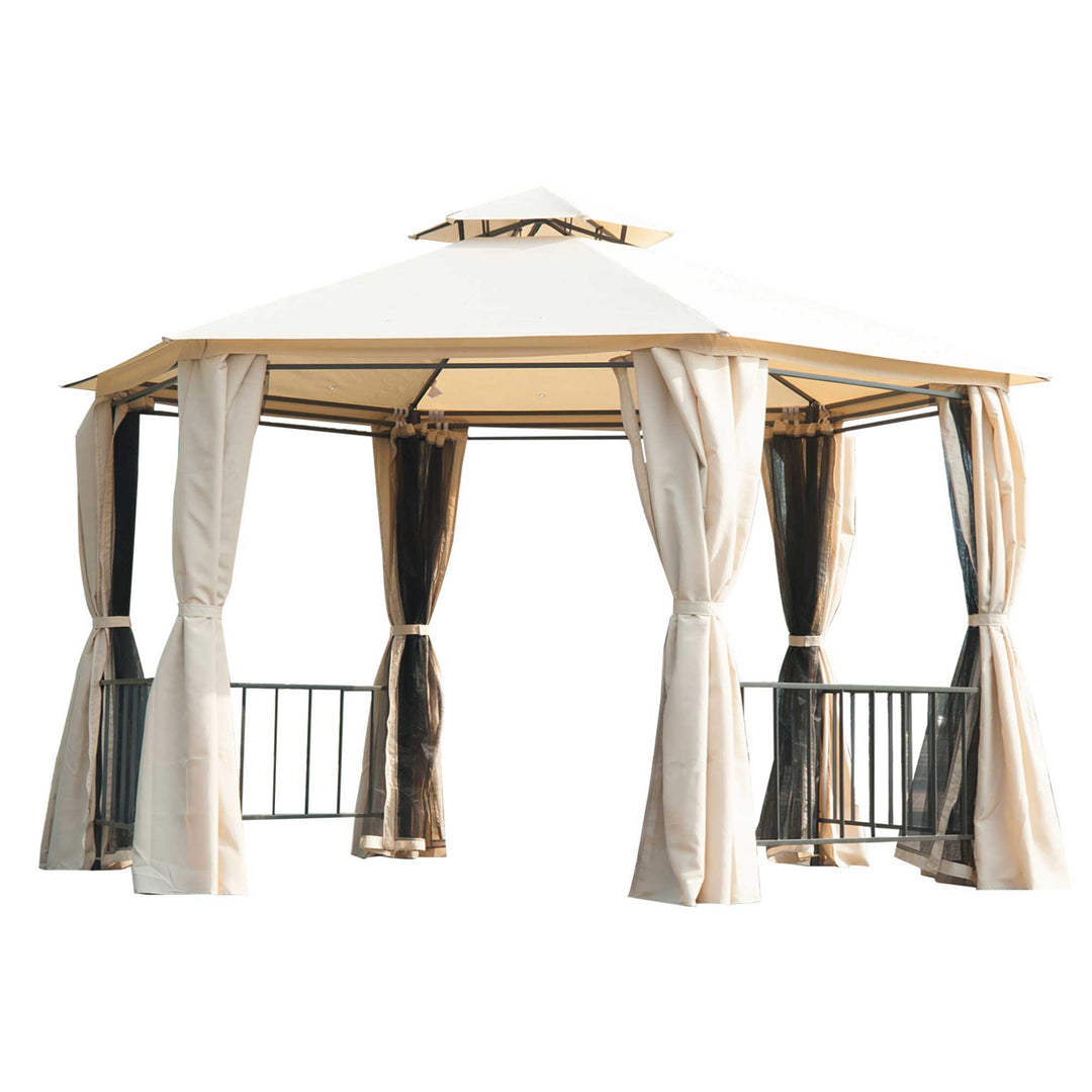 Outsunny 13ft Hexagon Gazebo Outdoor Canopy Shelter with Netting and Shaded Curtains Beige