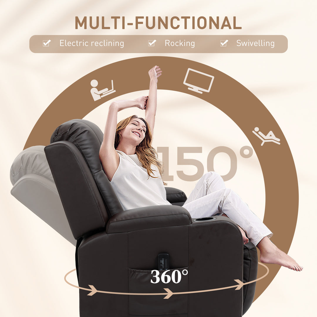 HOMCOM Swivel Massage Recliner Chair Rocker, Overstuffed Manual Reclining Sofa, PU Leather Rocking Chair with Side Pockets, Cup Holders, for Living Room, Nursery, Brown