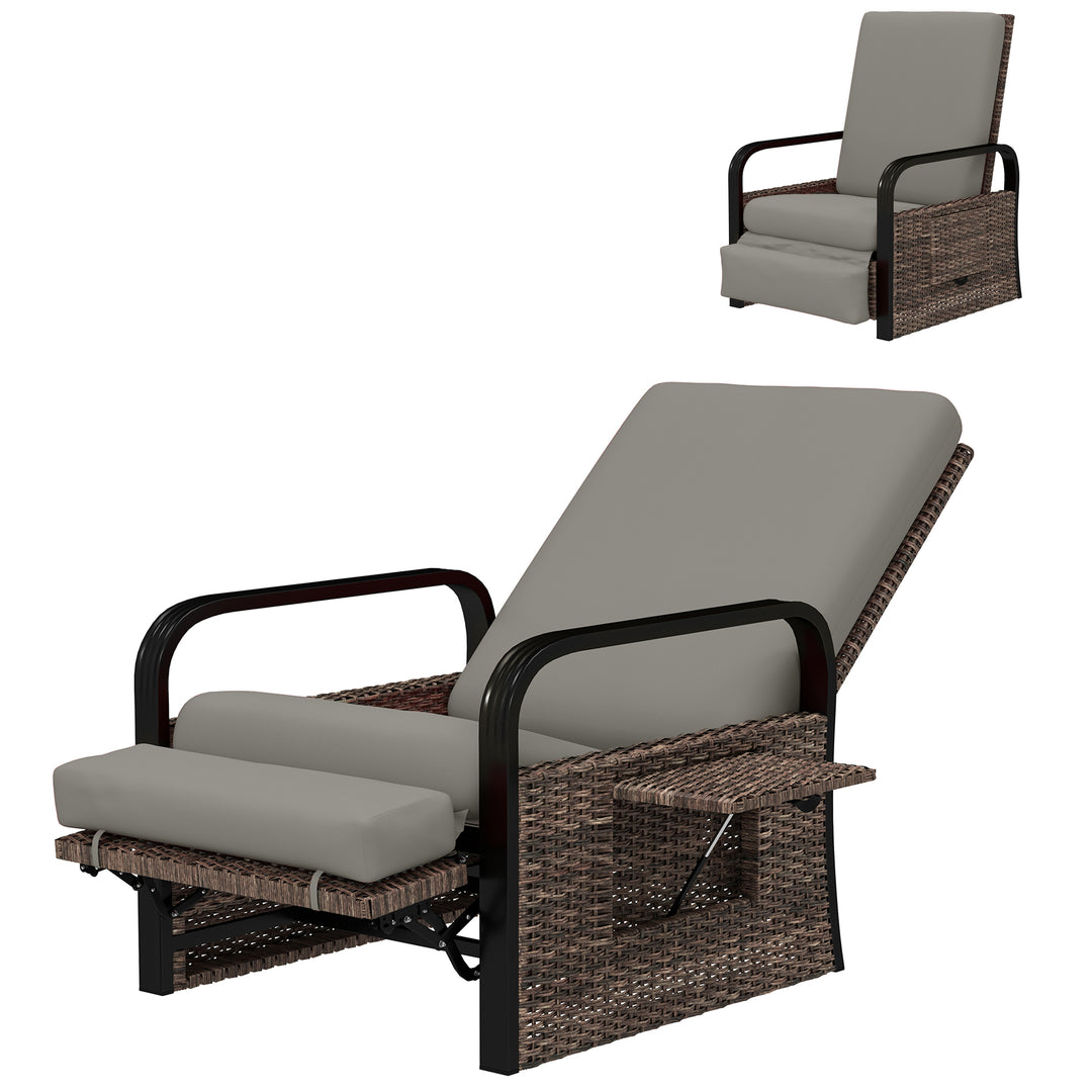 Outsunny Wicker Outdoor Recliner Chair, Reclining Lounge Chair with Adjustable Backrest, Footrest and Side Tray, Light Grey