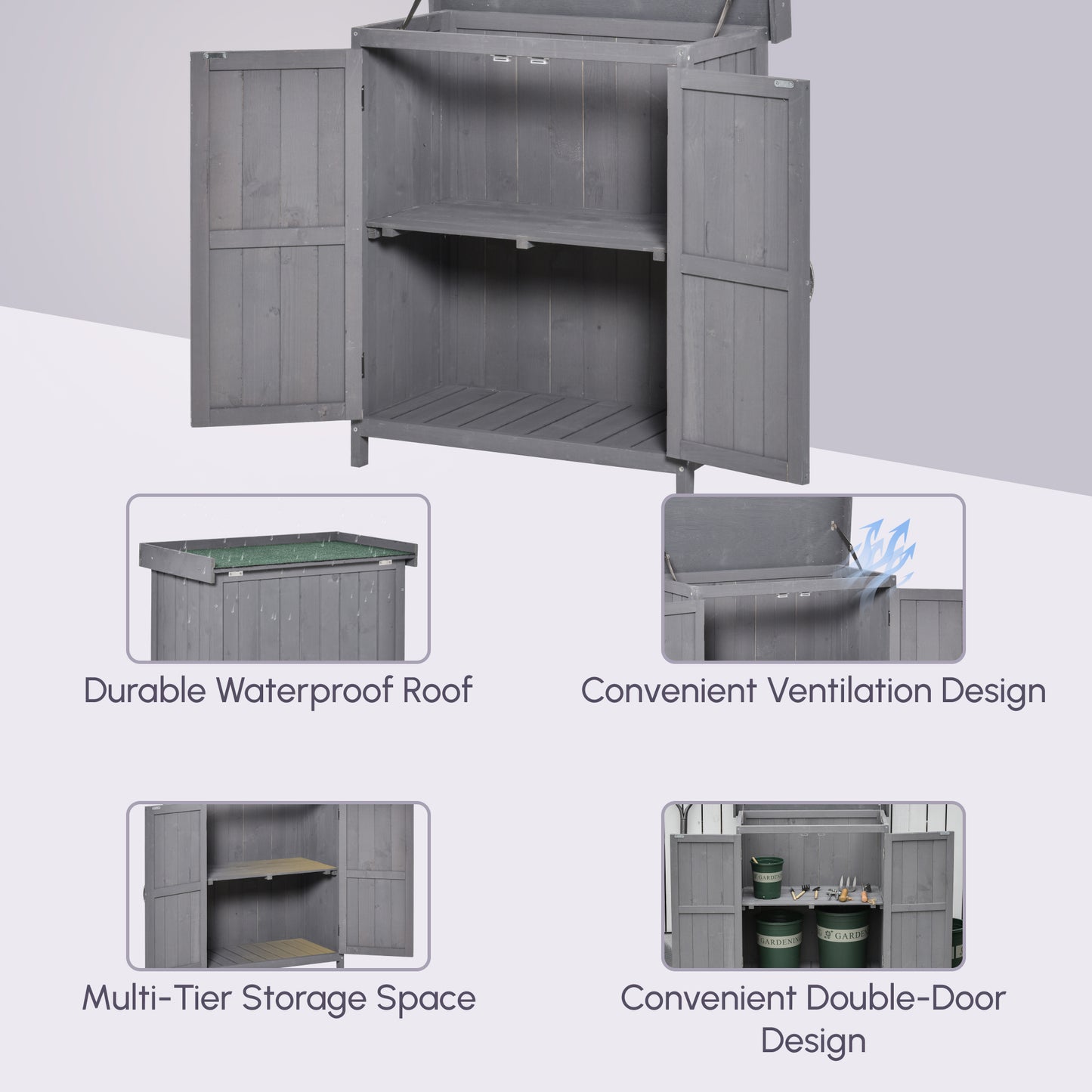 Outsunny Wooden Garden Tool Storage Shed Kit with Hinged Roof, 2-Tier Shelves and Double Doors, 74x43x88cm, Dark Grey