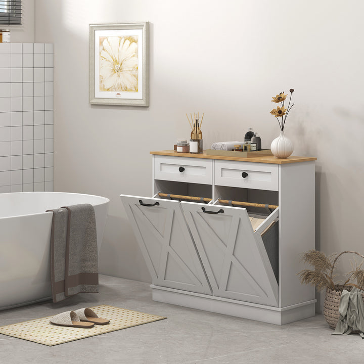 HOMCOM Tilt Out Laundry Cabinet, Bathroom Storage Cabinet with 2 Removable Baskets and 2 Drawers, White