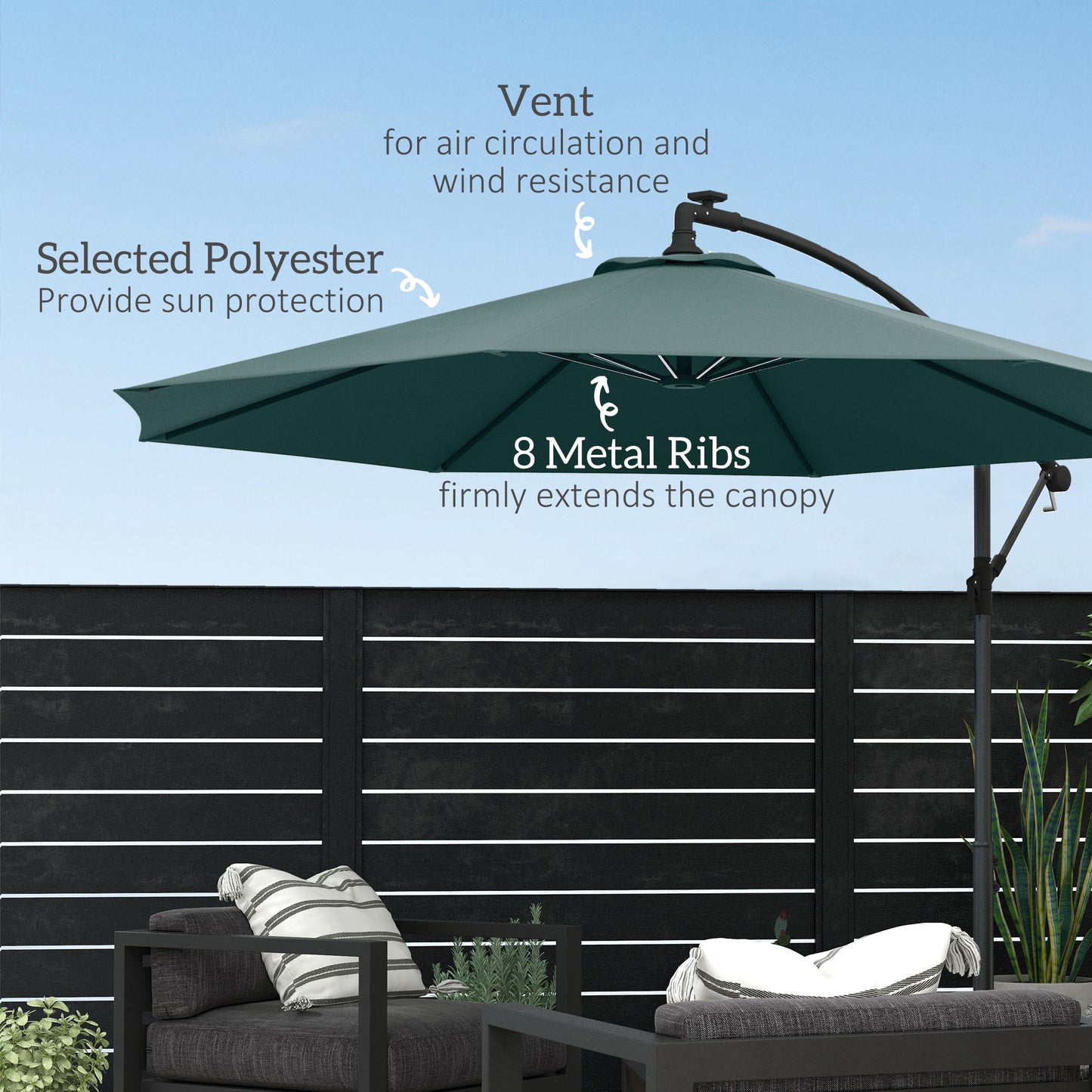 Outsunny 10ft Outdoor Cantilever Hanging Offset Umbrella with Solar LED Lights, Crank, Cross Base, Aluminum Frame, Green