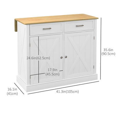 HOMCOM Rolling Kitchen Island with Drop Leaf Wood Breakfast Bar, Farmhouse Kitchen Cart with 2 Drawers, Adjustable Shelves for Dining Room (White)