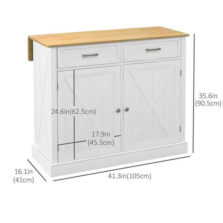 HOMCOM Rolling Kitchen Island with Drop Leaf Wood Breakfast Bar, Farmhouse Kitchen Cart with 2 Drawers, Adjustable Shelves for Dining Room (White)