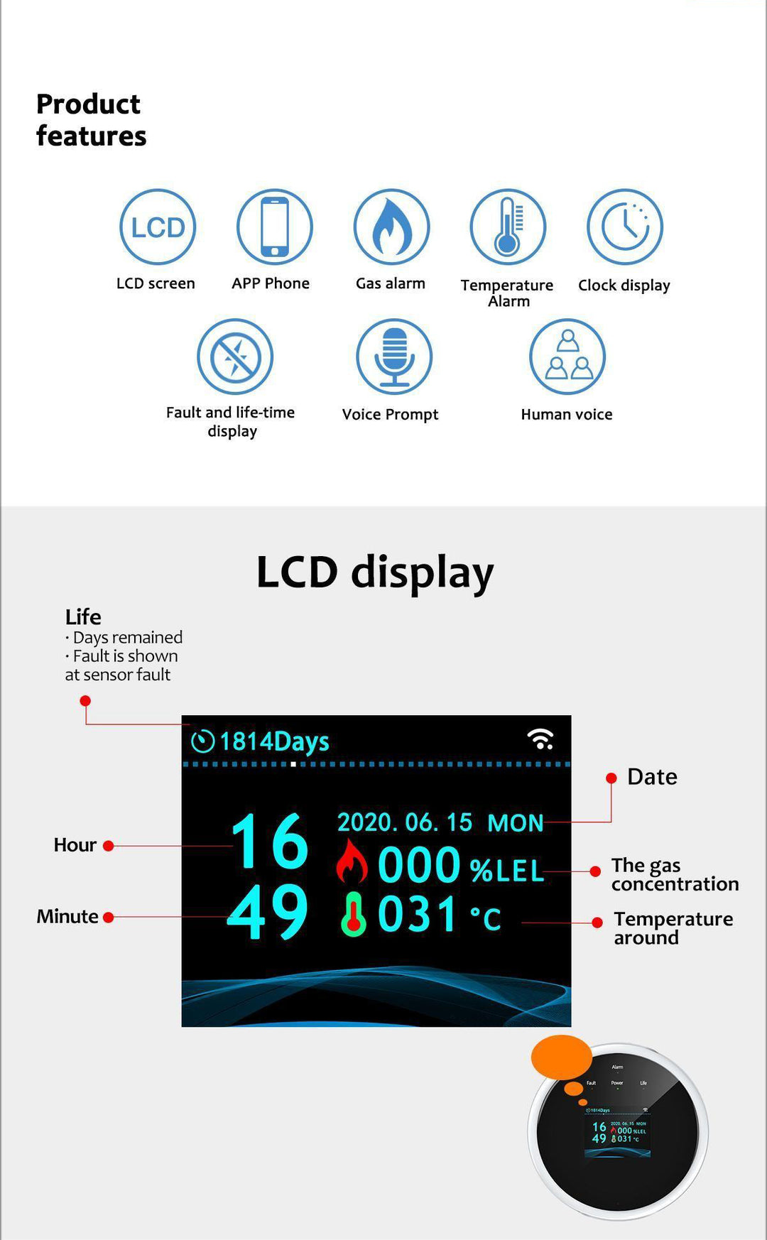 Glomarket Smart Gas Leak Detector Tuya Wifi LCD Display APP Remote Control Heat Alarm Reminder for Smart Home