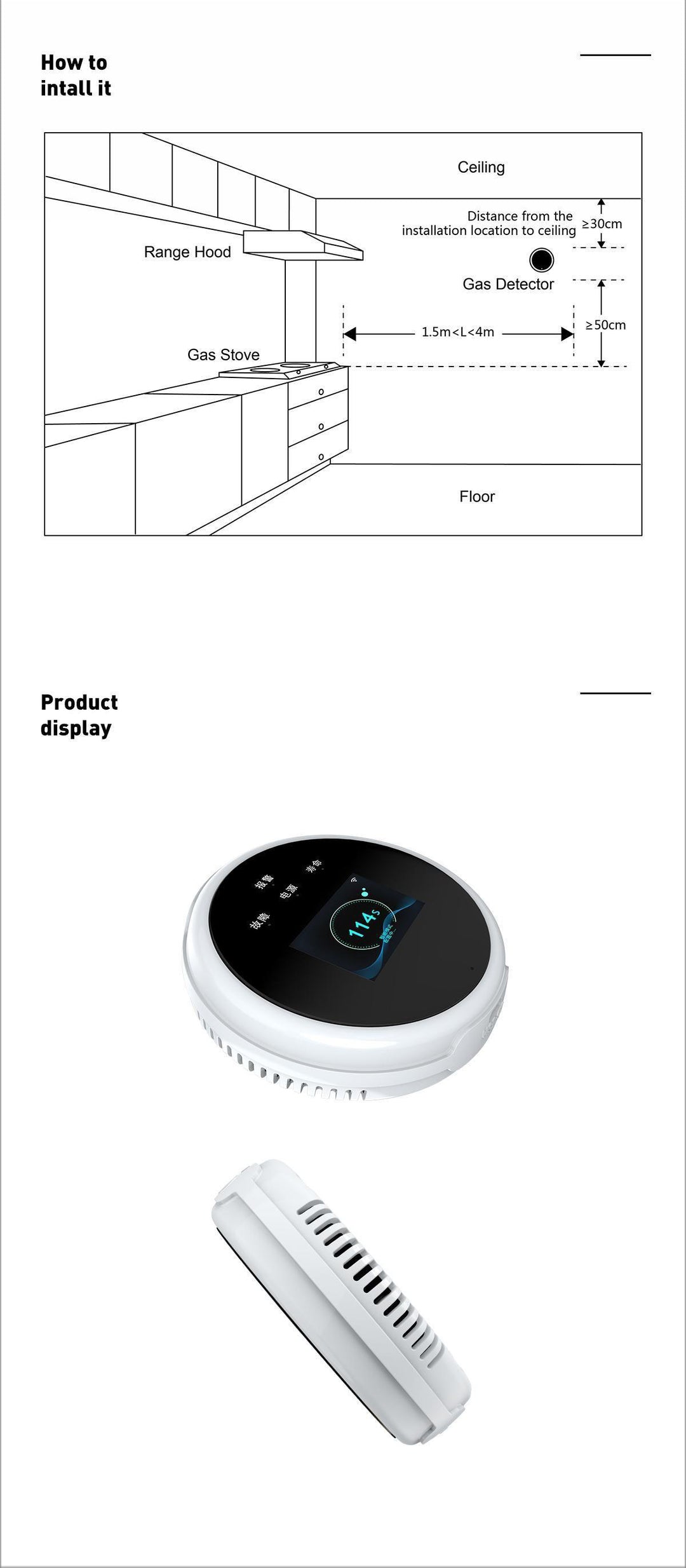 Glomarket Smart Gas Leak Detector Tuya Wifi LCD Display APP Remote Control Heat Alarm Reminder for Smart Home