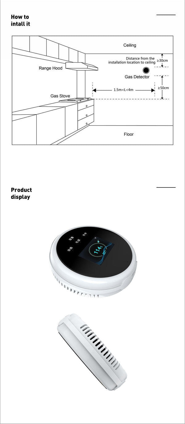 Glomarket Smart Gas Leak Detector Tuya Wifi LCD Display APP Remote Control Heat Alarm Reminder for Smart Home