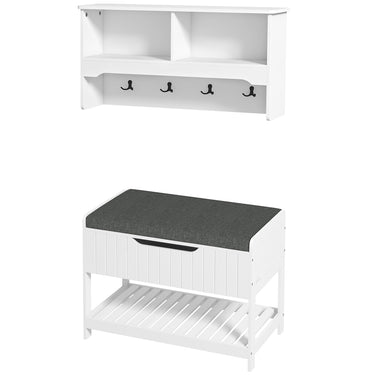 HOMCOM Wall Mounted Coat Rack with Shoe Storage Bench, Hall Tree and Bench, Clothes Hanger Rack with Shelves for Hallway White