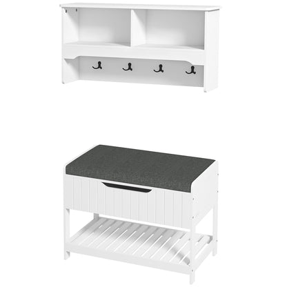 HOMCOM Wall Mounted Coat Rack with Shoe Storage Bench, Hall Tree and Bench, Clothes Hanger Rack with Shelves for Hallway White