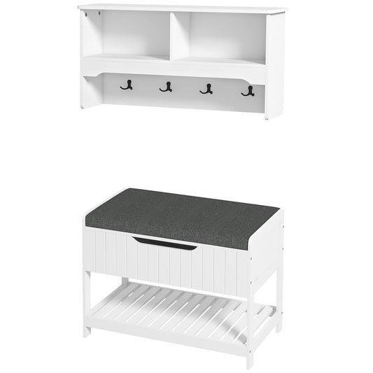 HOMCOM Wall Mounted Coat Rack with Shoe Storage Bench, Hall Tree and Bench, Clothes Hanger Rack with Shelves for Hallway White