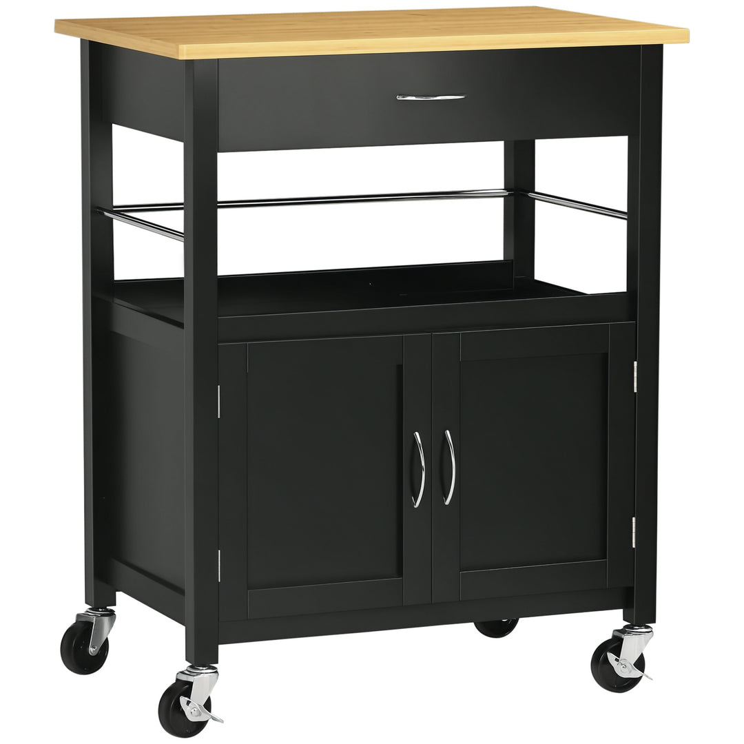 HOMCOM Kitchen Cart, Utility Trolley, Small Kitchen Island with Storage Drawer & Side Hooks for Dining Room, Black