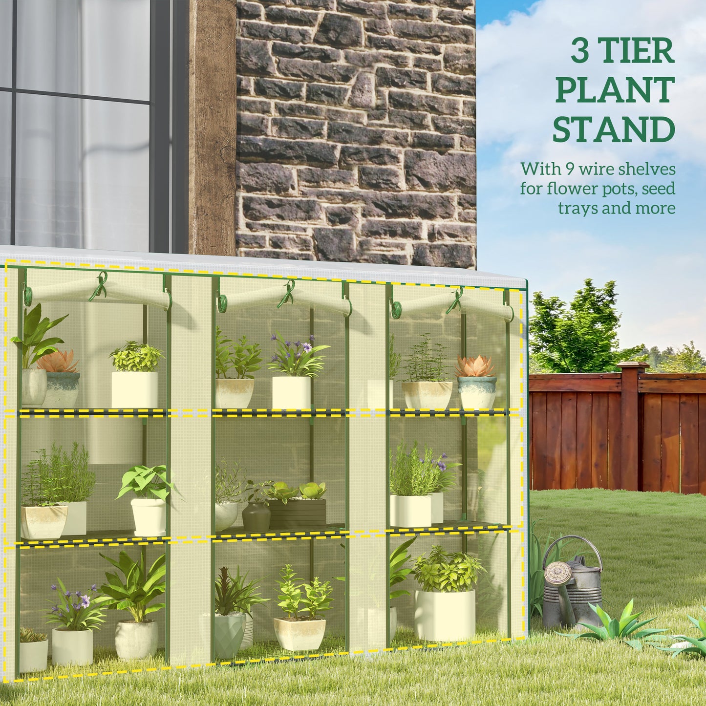 Outsunny Lean-to Greenhouse with 3 Tier Shelves, Mini Greenhouse with 3 Roll-Up Doors for Indoor Outdoor, Green