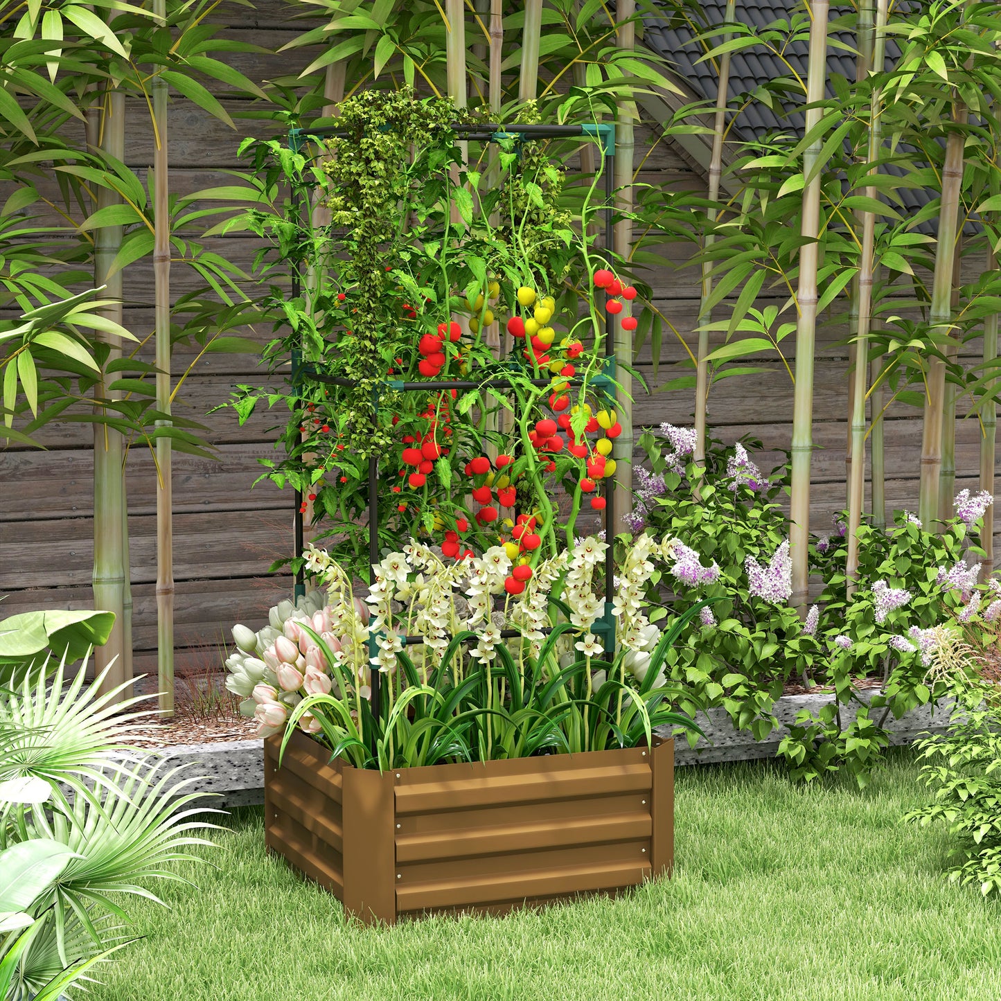 Outsunny Galvanized Planter Box, Outdoor Raised Garden Bed with 4-Tier Trellis Tomato Cage for Climbing Vines, Vegetables, Green