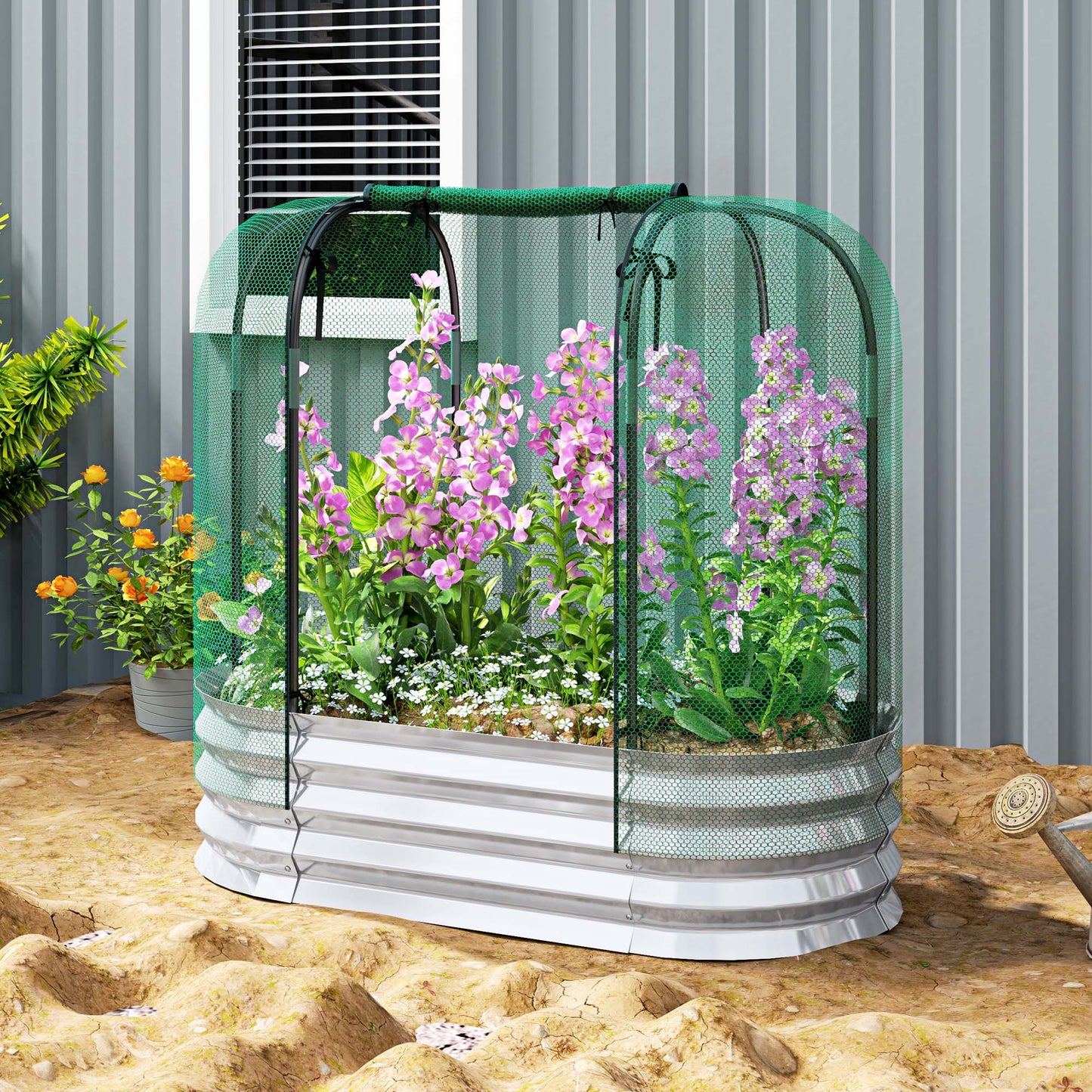 Outsunny Galvanized Raised Garden Bed with Crop Cage Protection Net Cover, Outdoor Planter Box for Vegetables, Flowers, Herbs