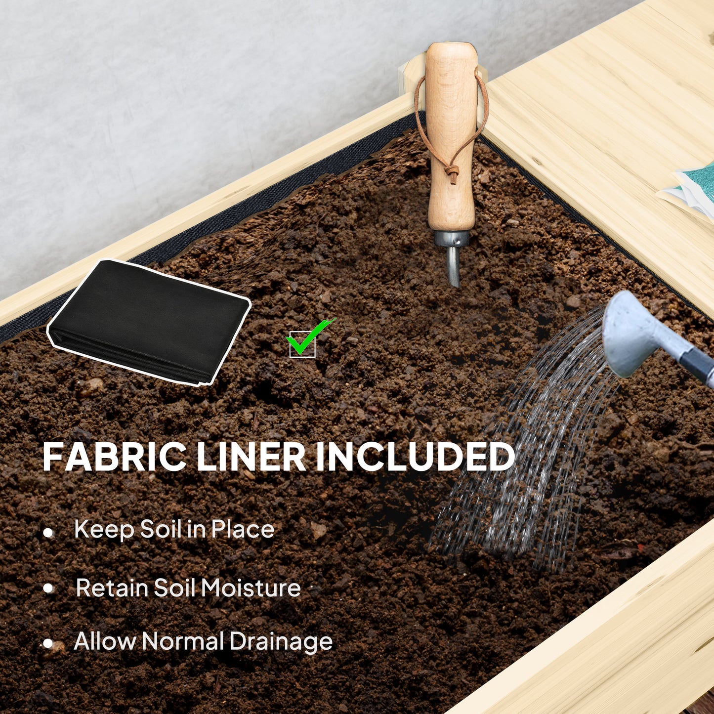 Outsunny Raised Garden Bed, Wood Planter Box with Lockable Wheels, Side Tables, Bottom Shelf, Bed Liner, Drain Holes, Natural
