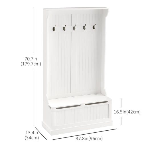 HOMCOM 3-In-1 Hall Tree w/ Coat Rack, Shoe Storage and Bench Seat, Entryway Bench w/ 4 Hooks for Hallway, Living Room, White