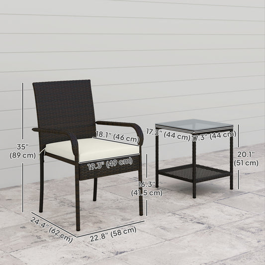 Outsunny 3 Piece Wicker Patio Furniture Set with Stackable Chairs, Washable Cushion, Tempered Glass Top, for Backyard, Brown