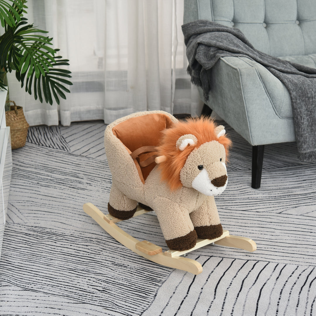 Qaba Baby Rocking Horse Lion Design Plush Stuffed Rocking Chair, Wooden Rocking Horse with Sound, Seat Belt for 18-36 Months Boys and Girls Gift, Brown