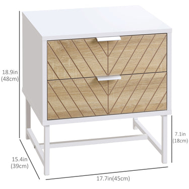 HOMCOM Modern Bedside Table with 2 Drawers and Steel Frame, Sofa Side Table for Bedroom Living Room, White and Oak