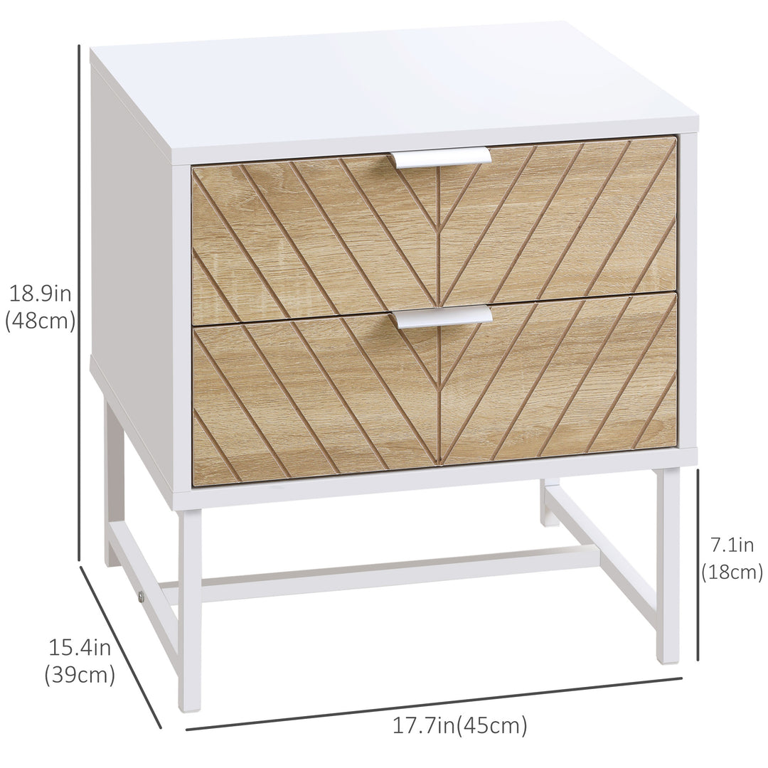 HOMCOM Modern Bedside Table with 2 Drawers and Steel Frame, Sofa Side Table for Bedroom Living Room, White and Oak