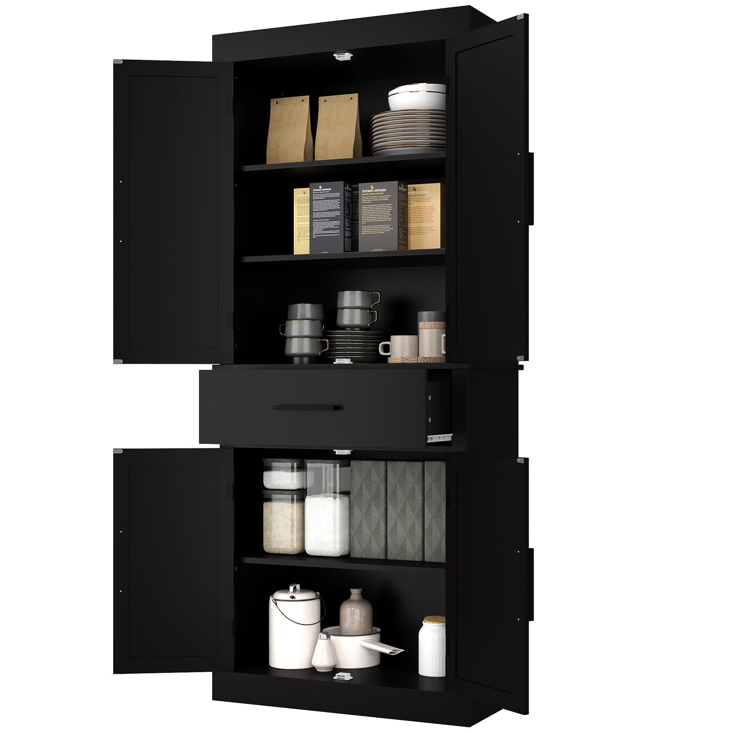 HOMCOM 72" Kitchen Storage Cabinet, Farmhouse Kitchen Pantry Cabinet with 4 Barn Doors, Drawer, Adjustable Shelves, Black