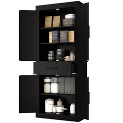 HOMCOM 72" Kitchen Storage Cabinet, Farmhouse Kitchen Pantry Cabinet with 4 Barn Doors, Drawer, Adjustable Shelves, Black