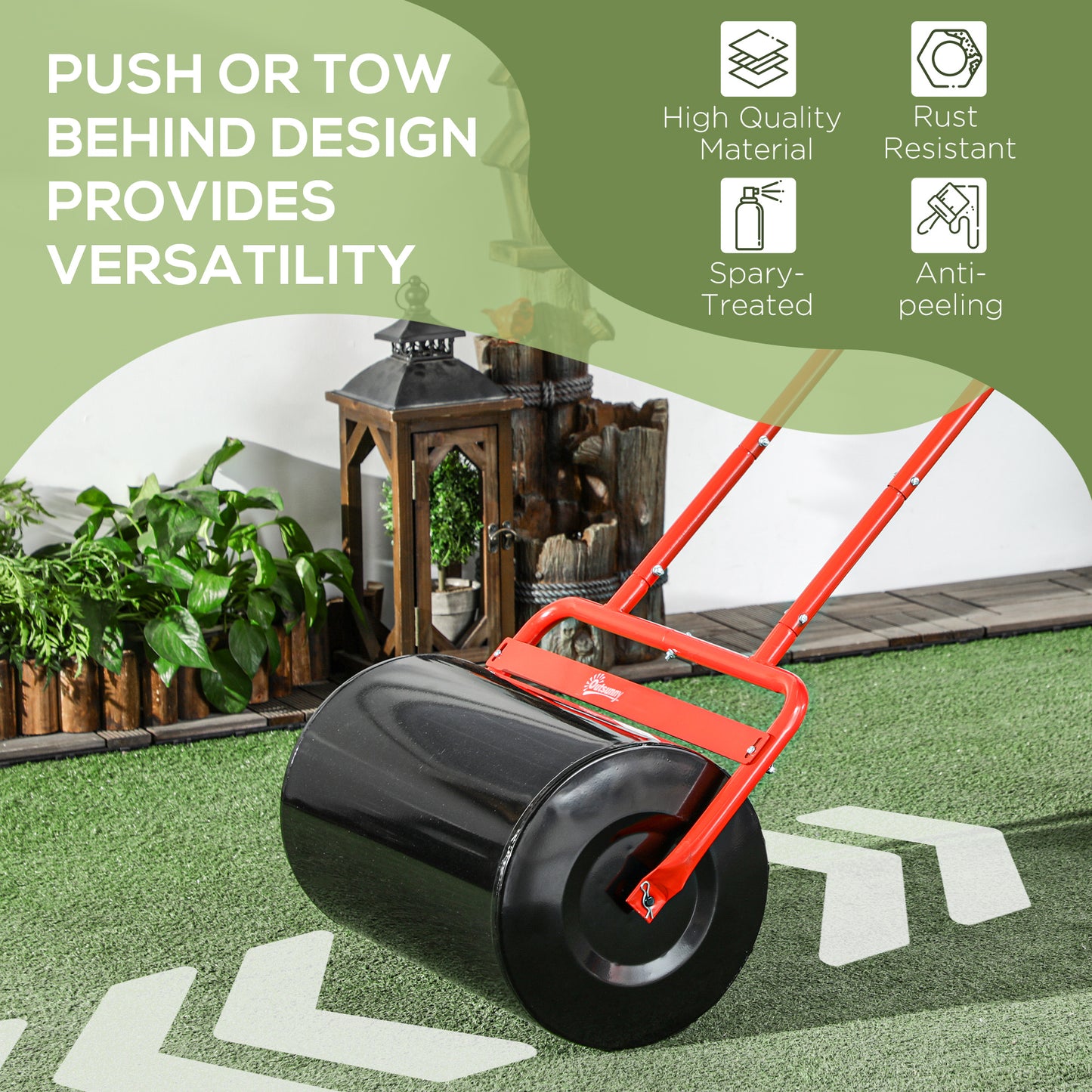 Outsunny Heavy Duty Lawn Roller, 20" Push/Tow Behind Sod Roller, Grass Flattener Filled with 11gal Water/136lbs Sand, Black