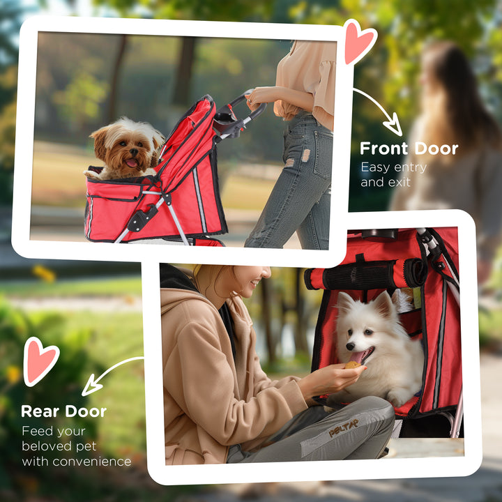 PawHut 3 Wheels Foldable Dog Stroller with Storage Basket, Adjustable Canopy, Cupholder for Miniature and Small Dogs, Red