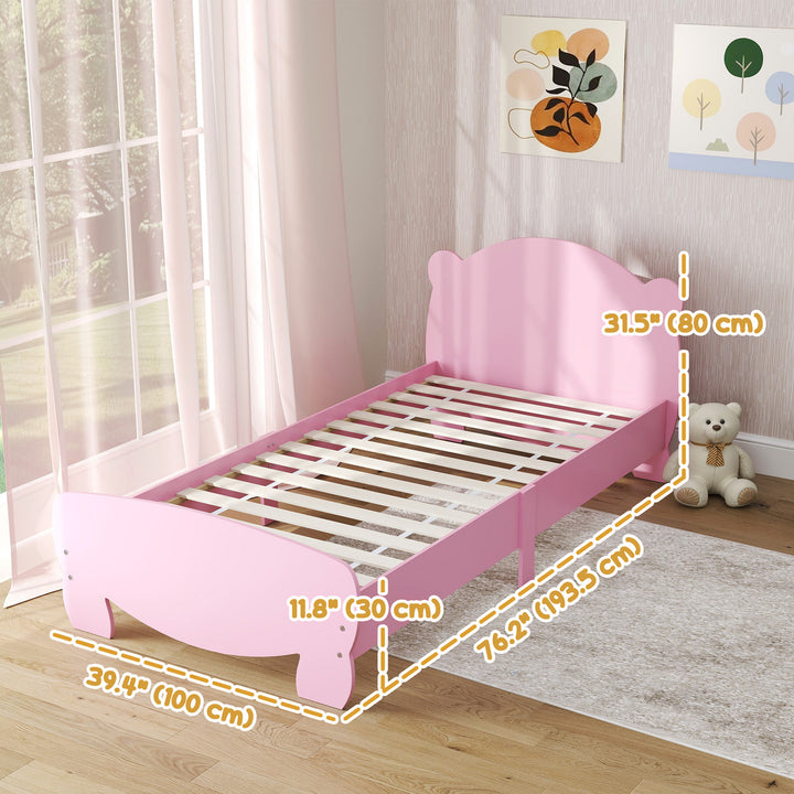 Qaba Twin Bed Frame for Kids with Bear Shaped Headboard & Footboard, Slats Support, No Box Spring Needed, for Ages 3-12, Pink