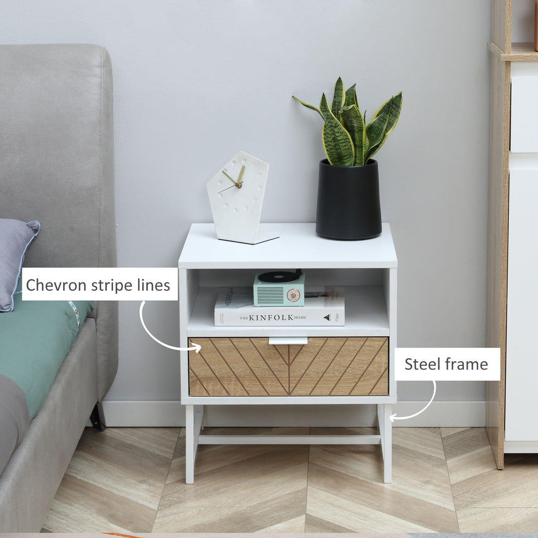 HOMCOM Modern Bedside Table with Drawer, Nightstand with Storage Shelf, Sofa End Table for Bedroom, White and Oak